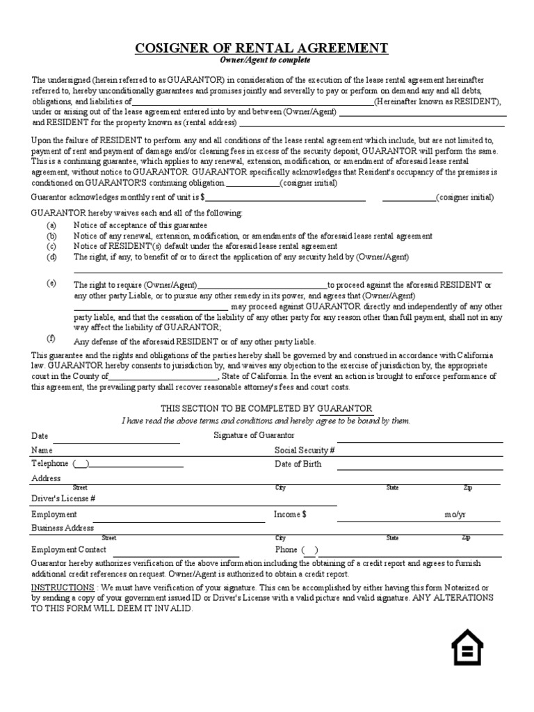 Cosigner of Rental Agreement: Owner/Agent To Complete | PDF | Guarantee ...