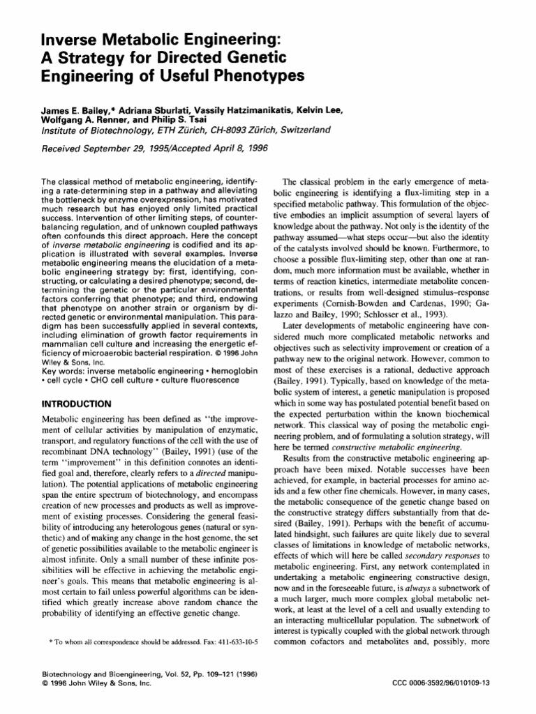 Bailey Et Al. 1996 - Inverse Metabolic Engineering A Strategy For ...