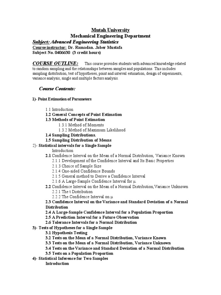 Advanced Engineering Statistics Course Outline | PDF | Confidence ...