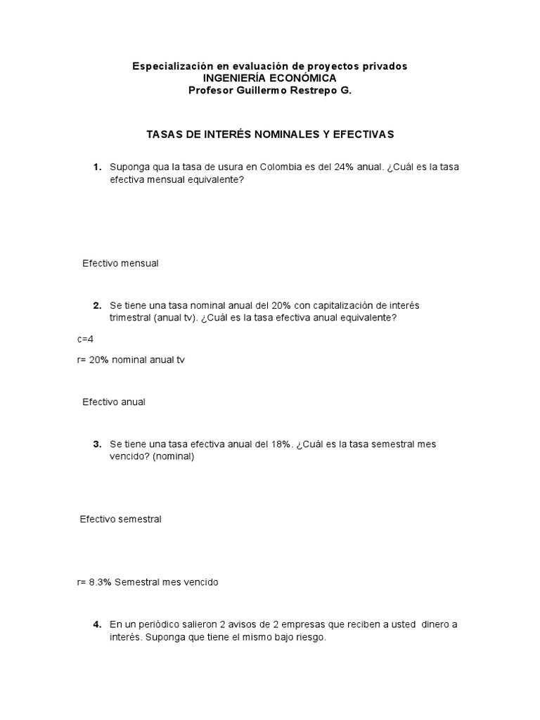 Ejercicios de Tasas Efectivas y Nominales | PDF | Interés | Dinero