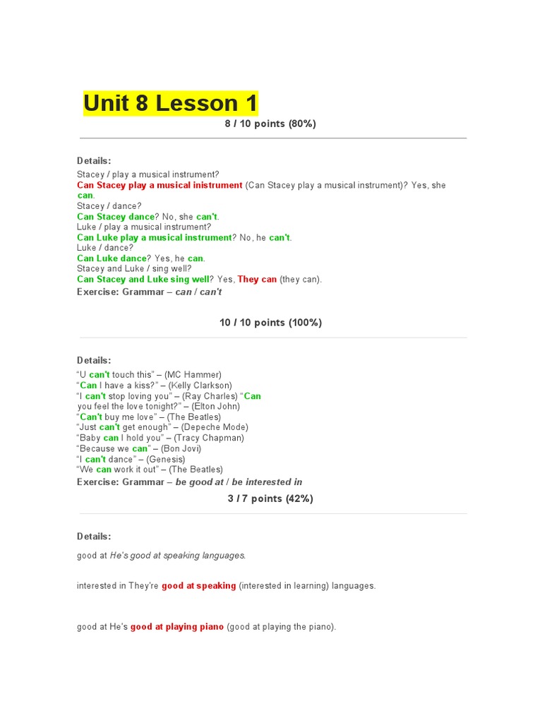 Unit 8 Lesson 1: 8 / 10 Points (80%) | PDF | Hand