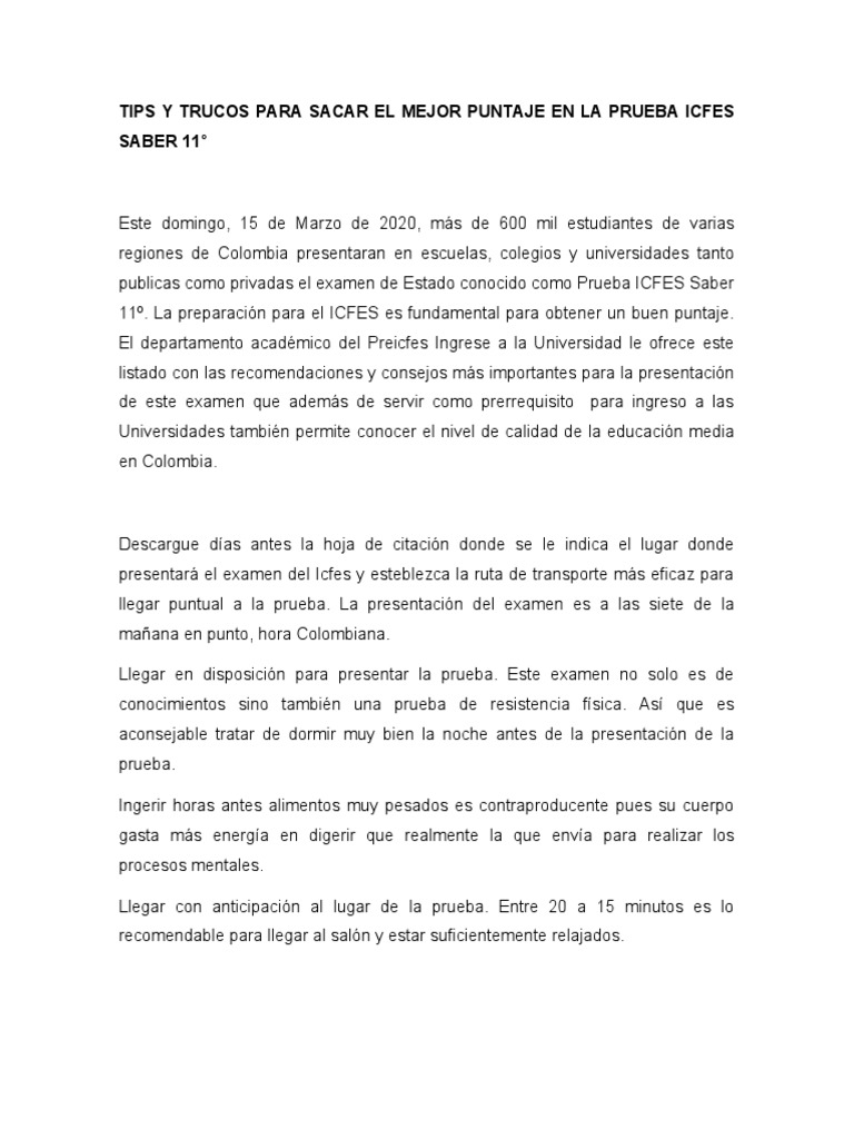Tips y Trucos para Sacar El Mejor Puntaje en La Prueba Icfes Saber 11 ...
