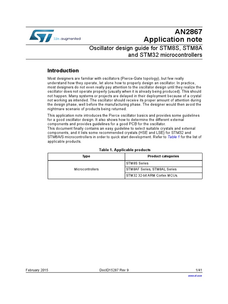 AN2867 Application Note Oscillator Design Guide For STM8S, STM8A and