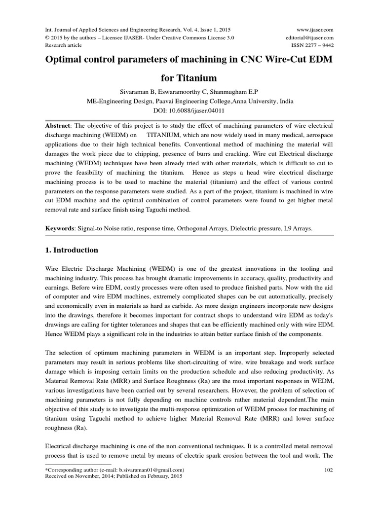 Optimal Control Parameters A Machining in CNC Wire EDM For Titanium ...