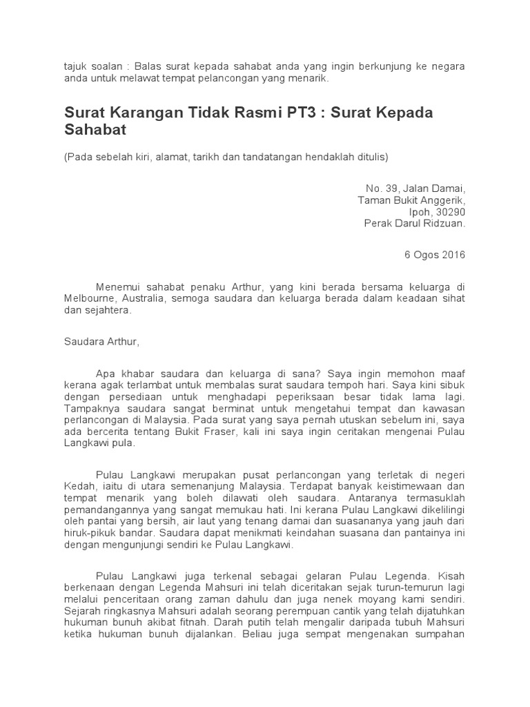 Contoh Karangan Surat Kiriman Tidak Rasmi Rasmi Pt3 - KaelanceFry