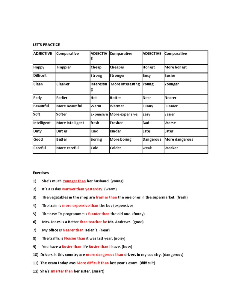 Comparative Adjective Exercises | PDF | Language Arts & Discipline ...