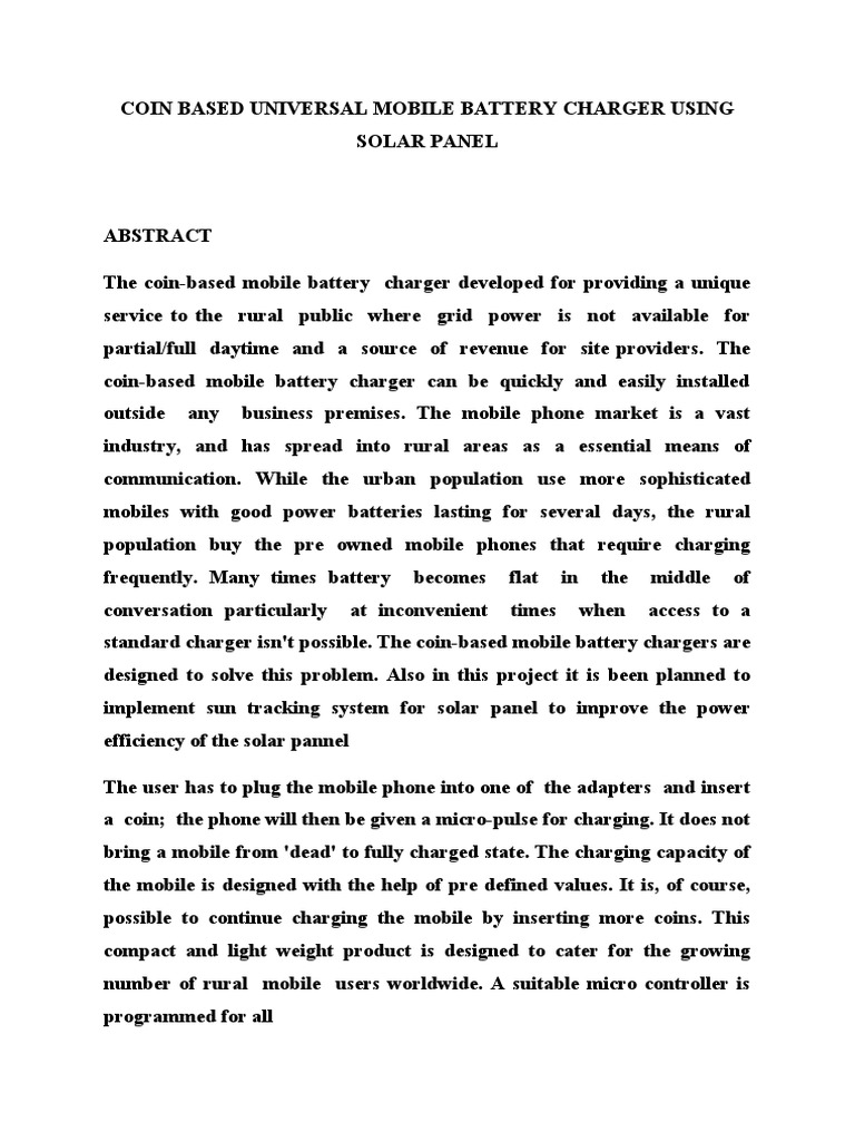 Coin Based Universal Mobile Battery Charger Using Solar Panel PDF