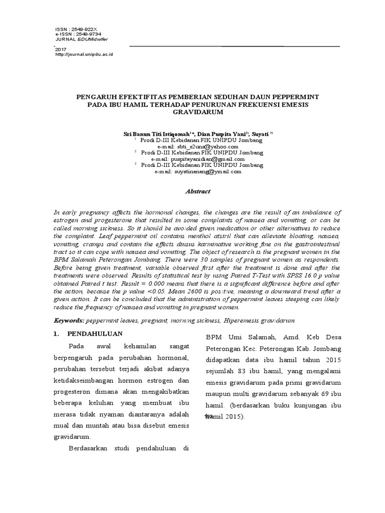 The Effectiveness of Giving Peppermint Leaf Infusions on Reducing the Frequency of Nausea and