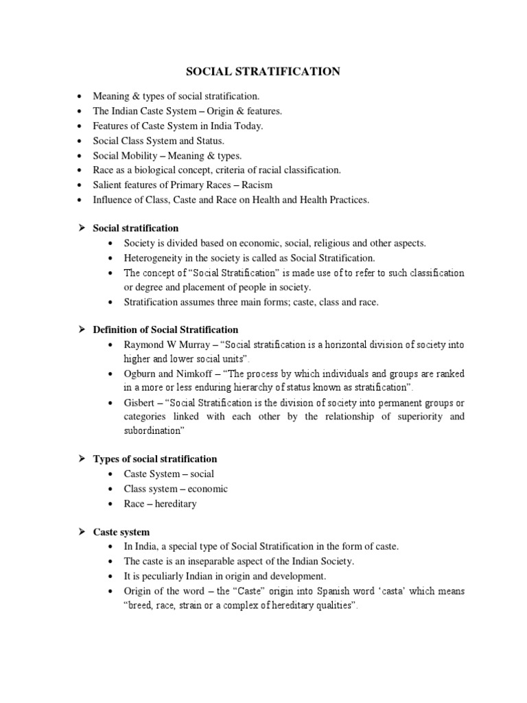 SOCIAL STRATIFICATION Unit VII PDF | PDF | Caste | Race (Human ...
