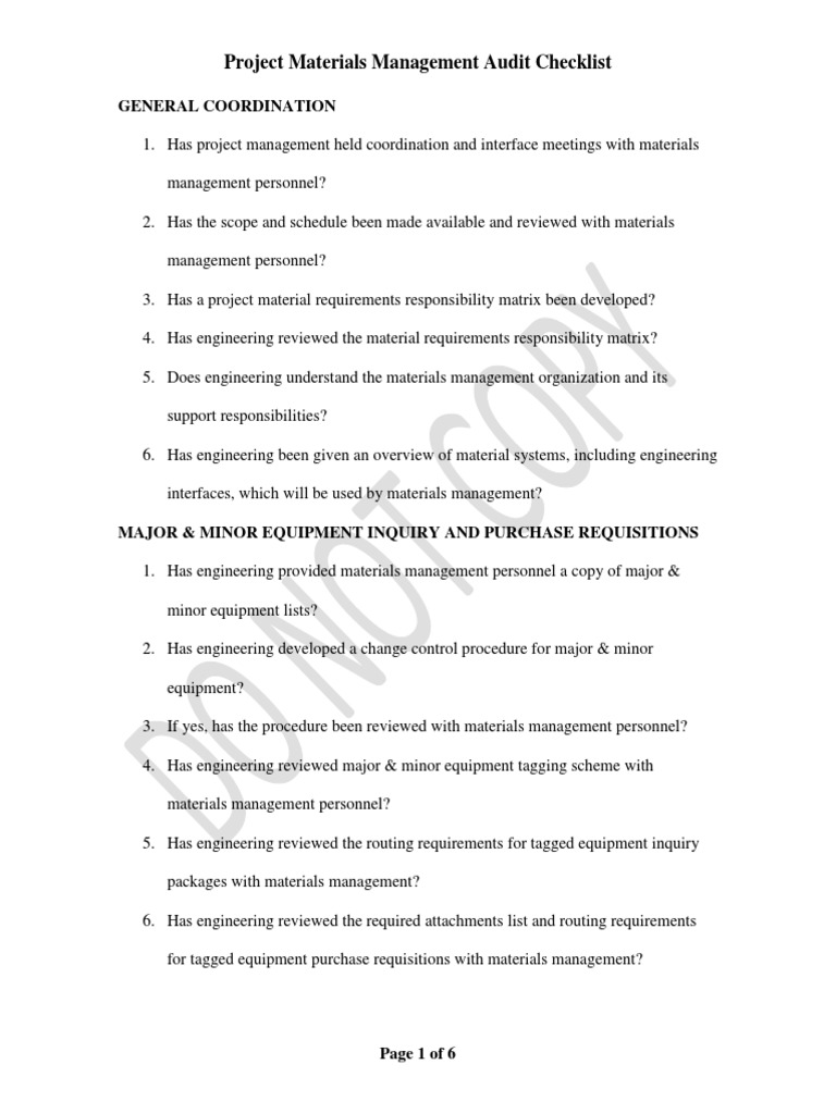 Project Materials Management Audit Checklist | PDF | Specification ...