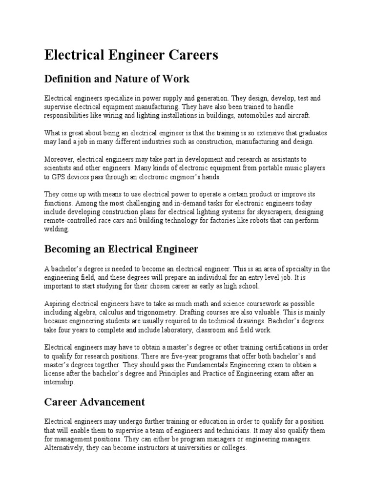 Electrical Engineer Careers Definition and Nature of Work Download
