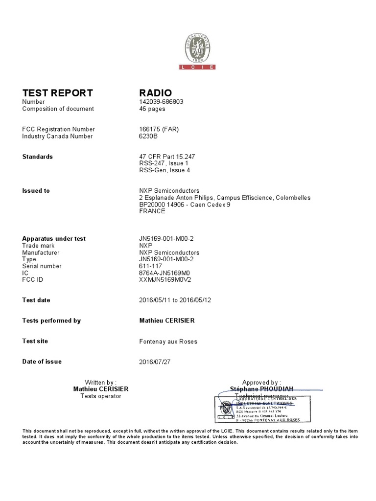 NXP JN5169 Test Report Summary | PDF | Spectral Density | Bandwidth ...