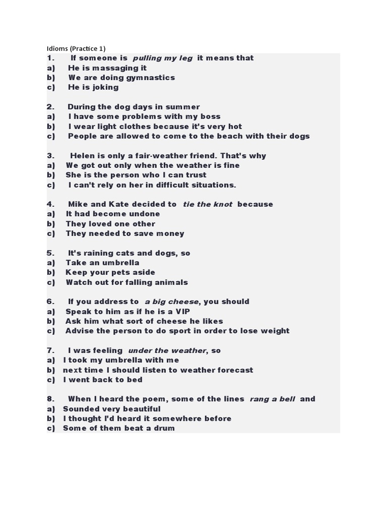 Idiom Practice Questions | PDF