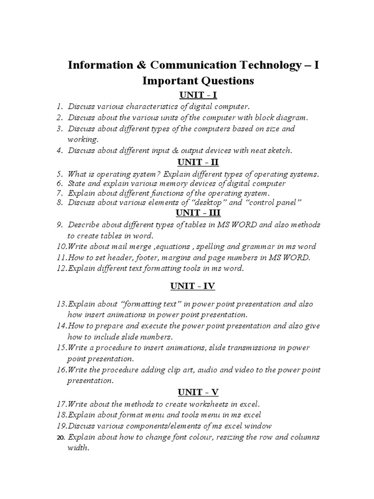 ICT-I Important Questions | PDF