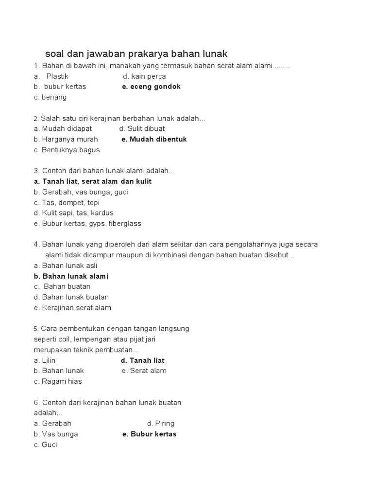 Soal Dan Jawaban Prakarya Bahan Lunak Pdf