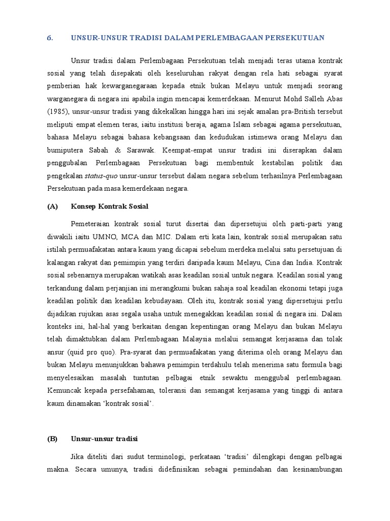 6 Unsur Unsur Tradisi Dalam Perlembagaan Persekutuan A Konsep Kontrak Sosial