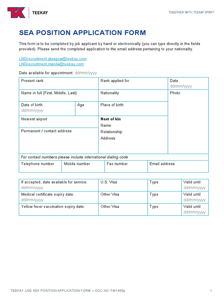 Teekay LNG Sea Position Application Form | PDF | Ships | Water Transport