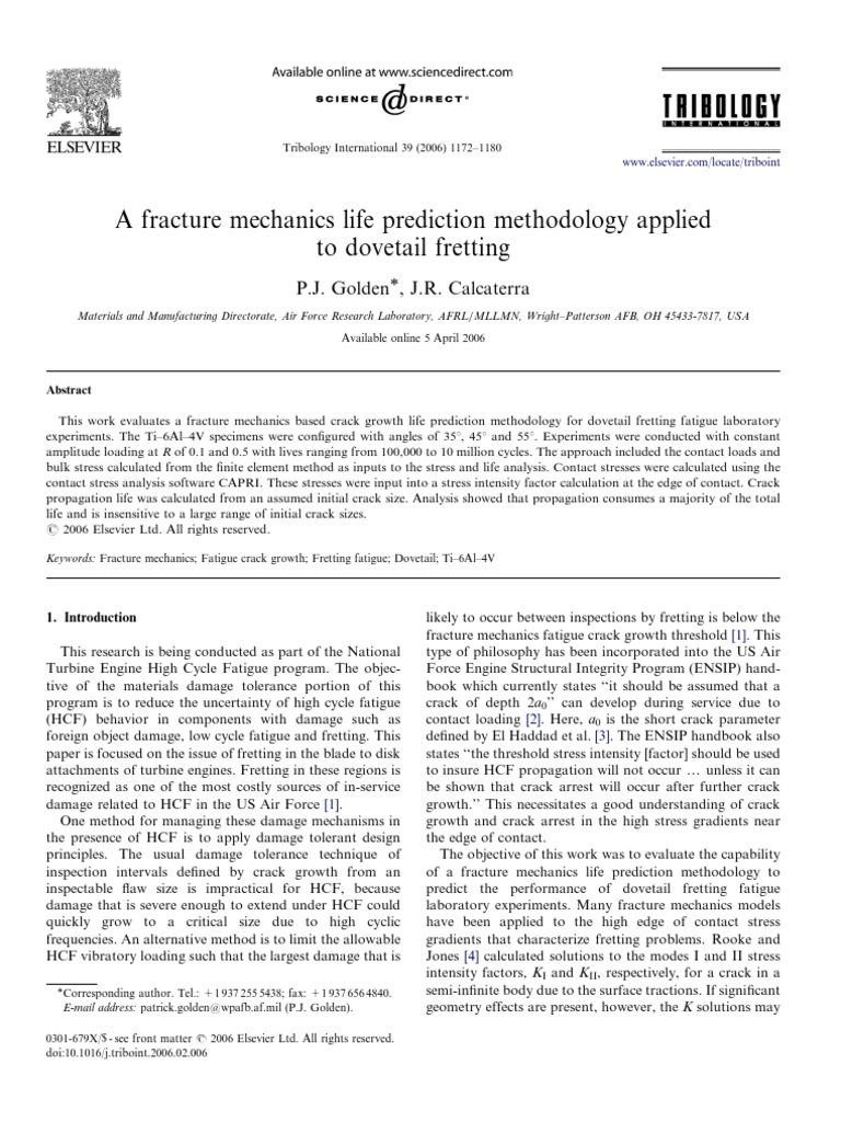 A Fracture Mechanics Life Prediction Methodology Applied To Dovetail ...