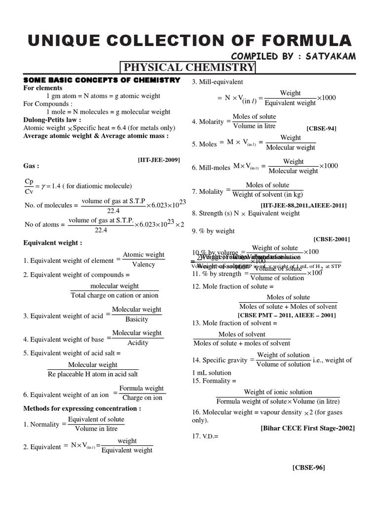 New Chemistry For Jee Mains Farmula | PDF | Solution | Mole (Unit)