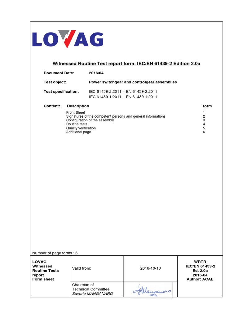 IEC 61439-2 Routine Test Report | PDF | Verification And Validation ...