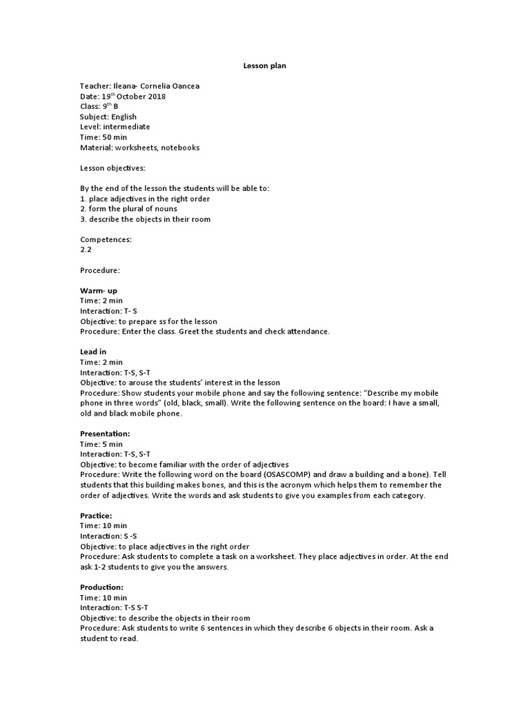 9th Grade English Lesson Plan: Adjectives | PDF | Language Arts ...