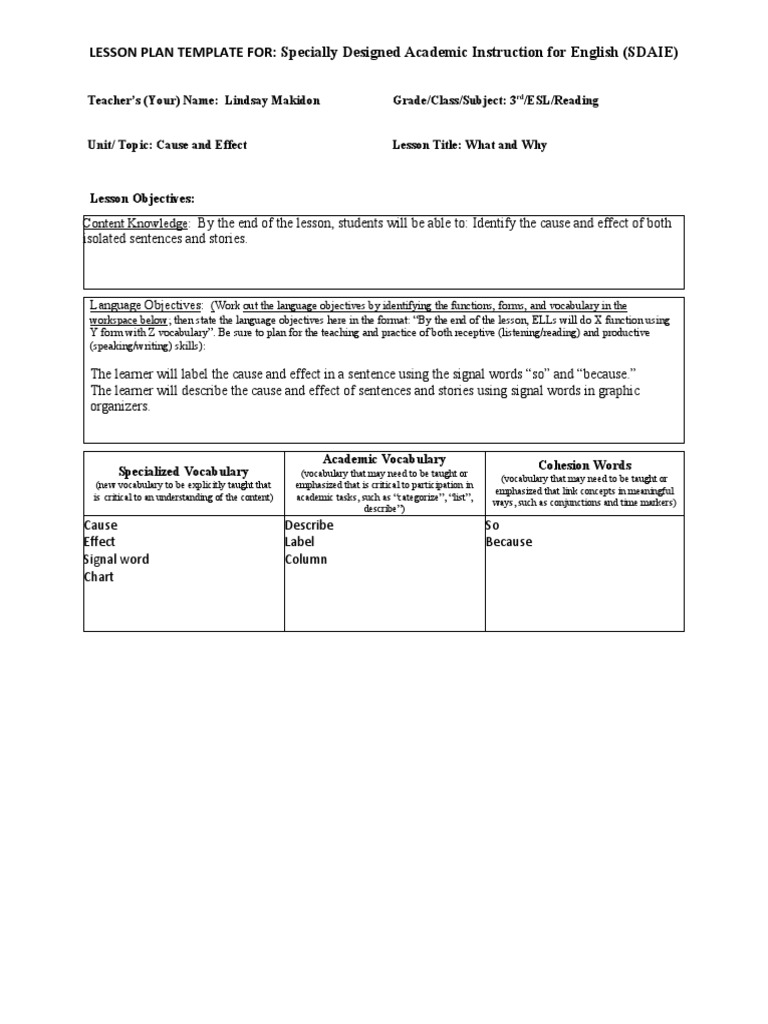SDAIE Lesson Plan: Cause and Effect | PDF | Lesson Plan | Vocabulary
