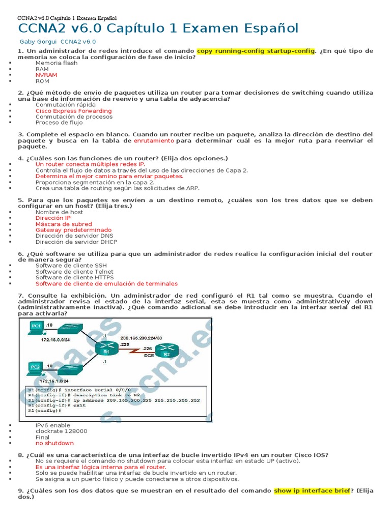 CCNA2 v6.0 Capítulo 1 Exam | PDF | Enrutador (Computación) | Dirección IP