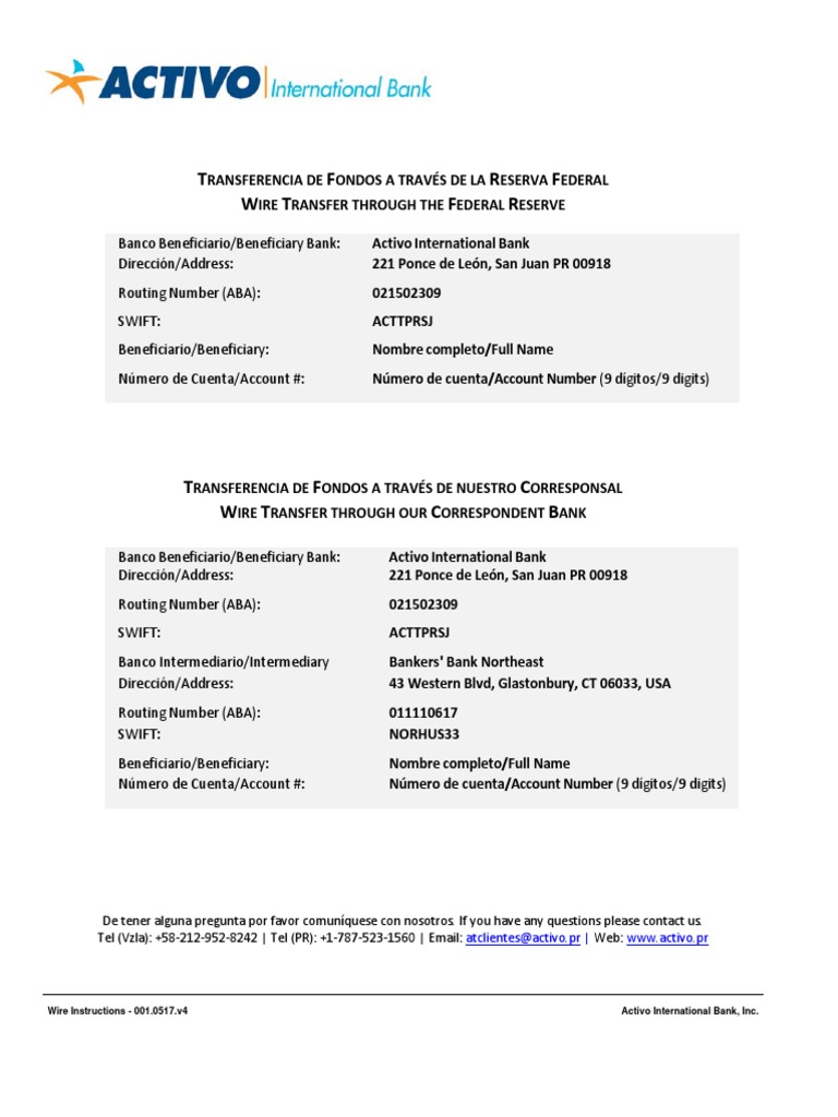 Instrucciones de Transferencia de Fondos | PDF | Finanzas y dinero