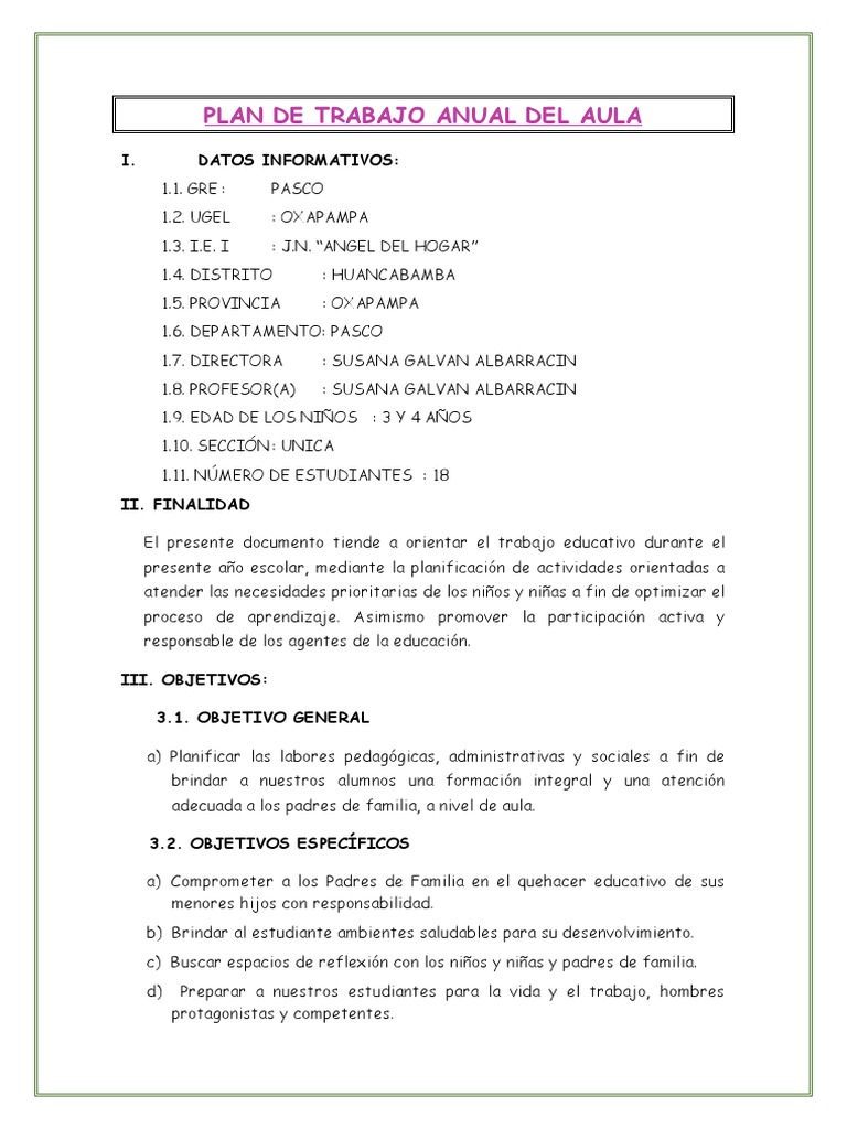 Plan Anual de Trabajo Aula Inicial 3-4 Años | PDF | Salón de clases ...
