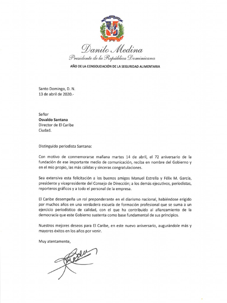 Carta de Felicitación Del Presidente Danilo Medina Con Motivo Del 72