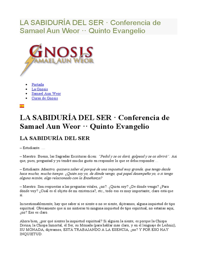 LA SABIDURÍA DEL SER Conferencia de Samael Aun Weor Quinto Evangelio | PDF  | Raza (categorización humana) | Tierra
