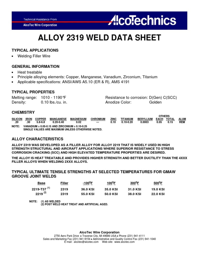 Alloy 2319 Weld Data Overview | PDF