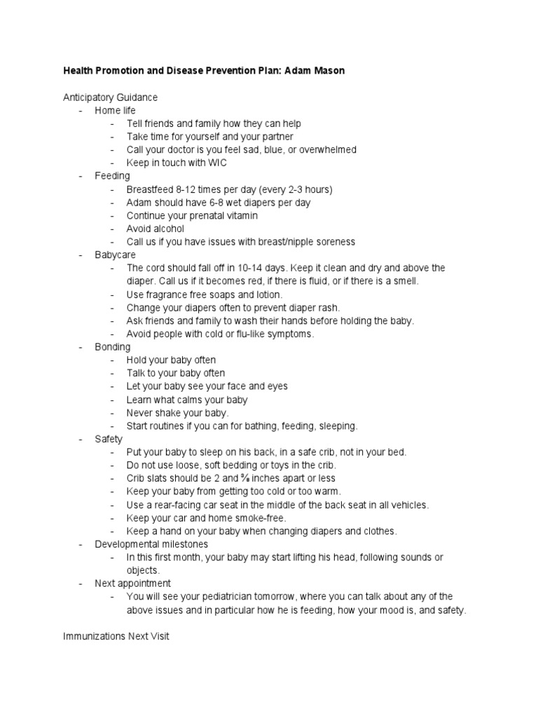 Health Promotion and Disease Prevention Plan: Adam Mason | PDF