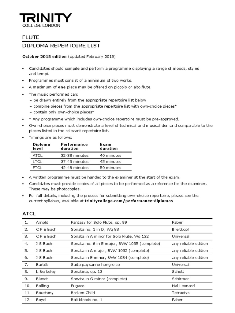 Flute Diploma Repertoire List October 2018 Edition (Updated February