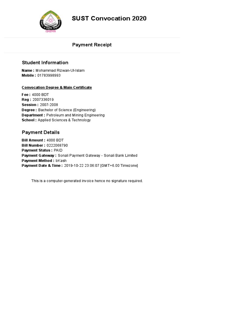 SUST Convocation Fee Payment Receipt | PDF | Finance & Money Management