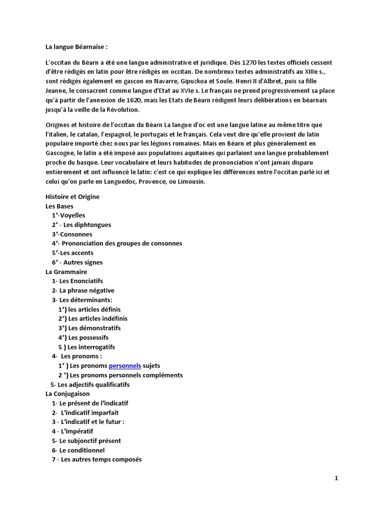 La Langue Bearnaise Pdf Genre Grammatical Nombre Grammatical