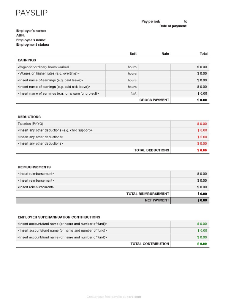 Xero Payslip Template Au PDF | PDF | Services (Economics) | Employee