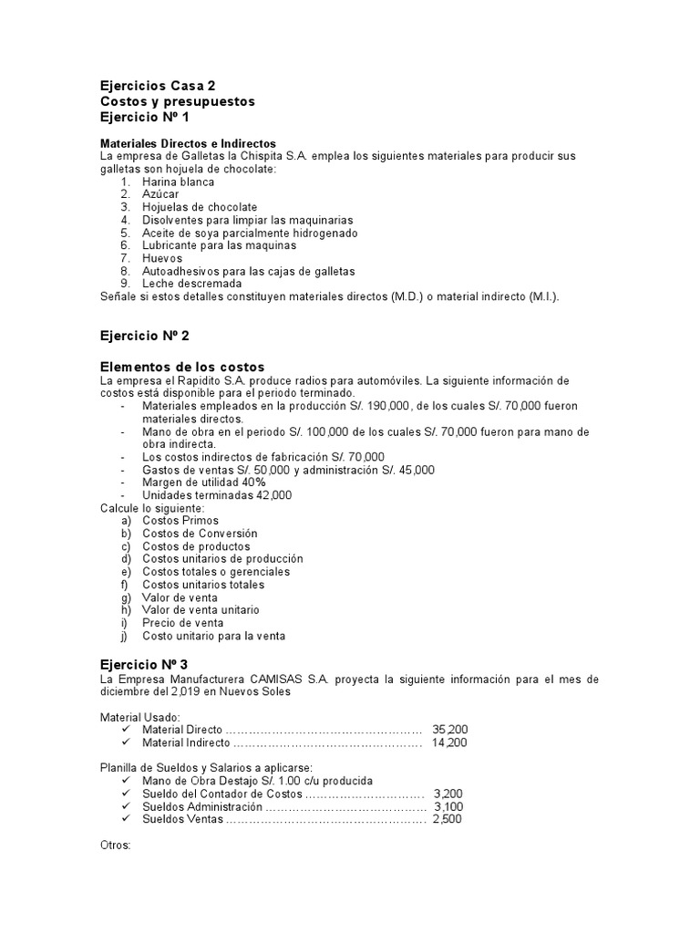 Ejercicios de Costos y Presupuestos Empresariales | PDF | Costo ...