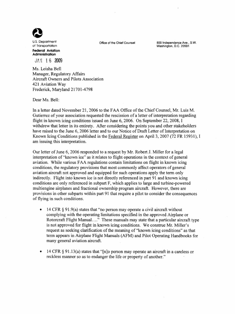 FAA Issues New Interpretation on Definition of 'Known Icing Conditions