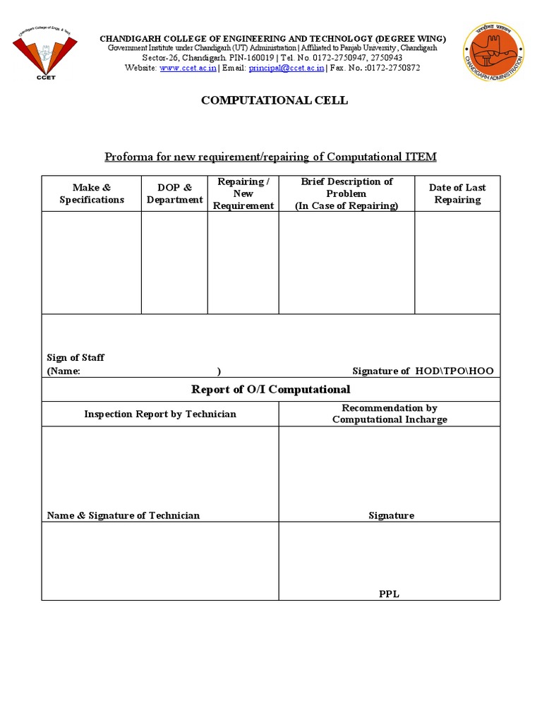 Proforma For New Requirement/repairing of Computational ITEM | PDF