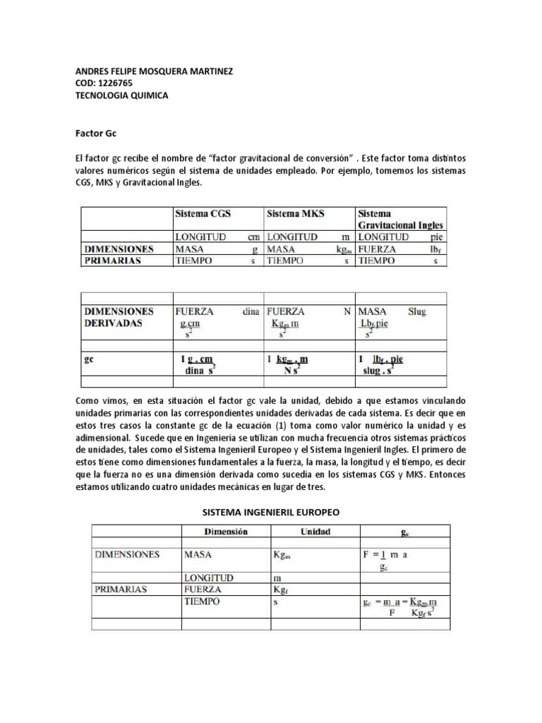 Análisis del factor gravitacional de conversión (gc) en diferentes ...