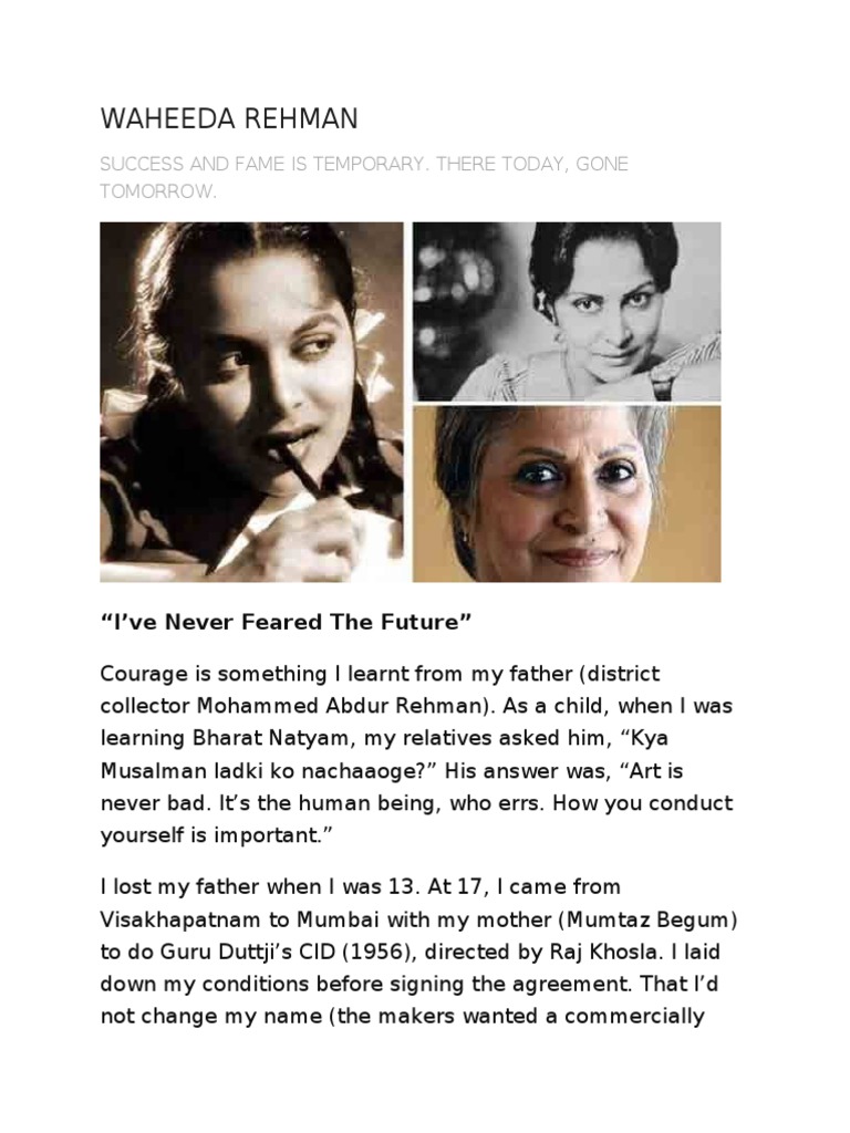 Waheeda Rehman: Success and Fame Is Temporary. There Today, Gone Tomorrow |  PDF | Cinema Of India | Bollywood, image size:768x1024