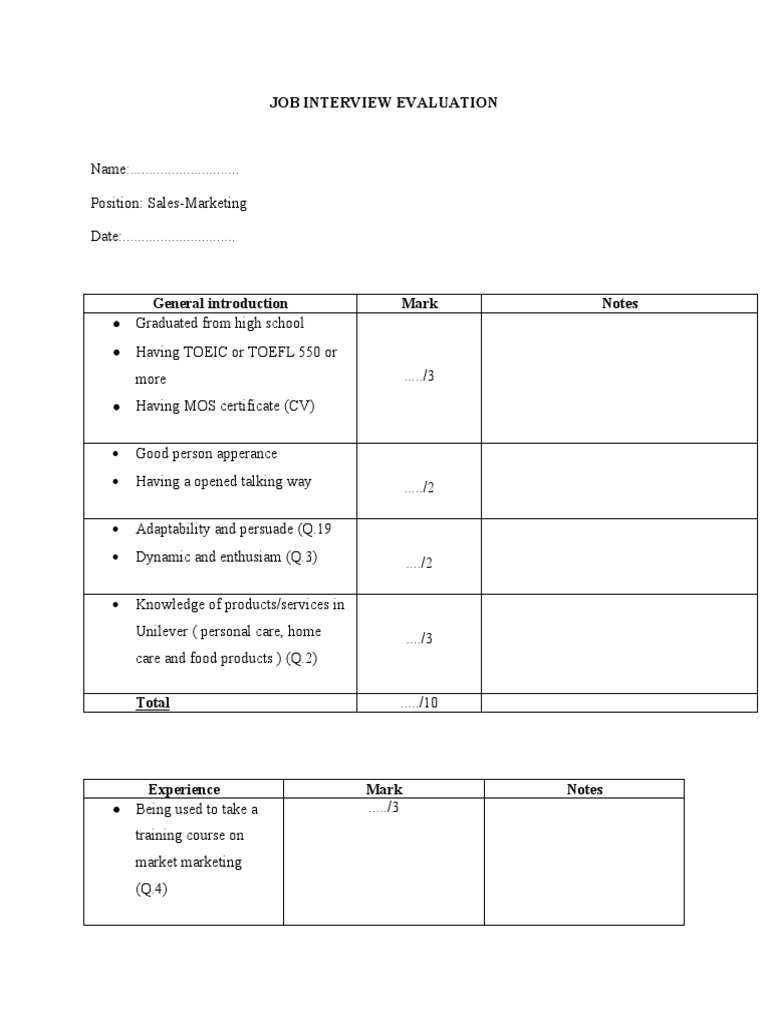 Job Interview Evaluation | PDF | Marketing Strategy | Marketing