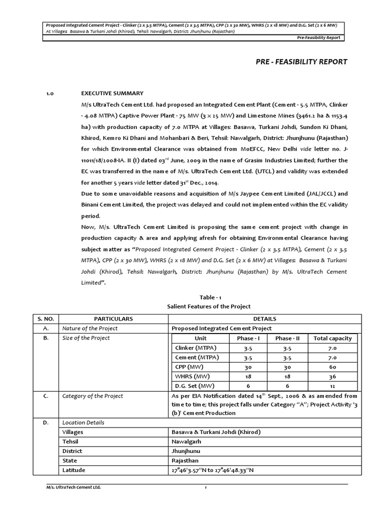 UltraTech Cement Project Pre-Feasibility Report | PDF | Boiler | Furnace