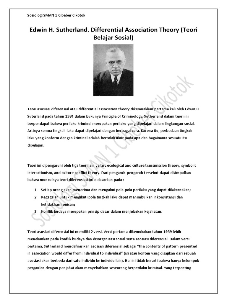 Edwin H. Sutherland. Differential Association Theory (Teori Belajar
