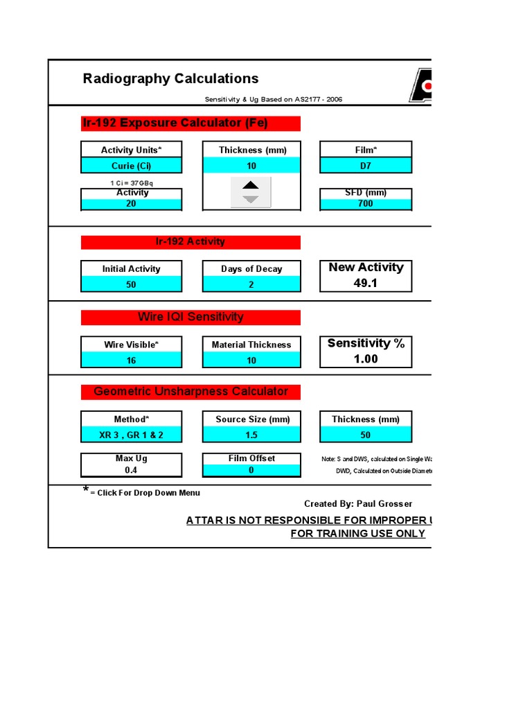 Radiography Calculations Ir192 Exposure Calculator (Fe) PDF