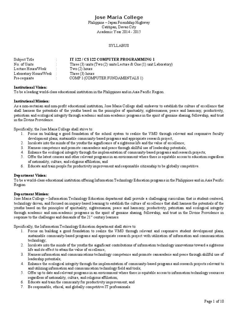Computer Programming Syllabus - JMC | PDF | Motivation | Motivational