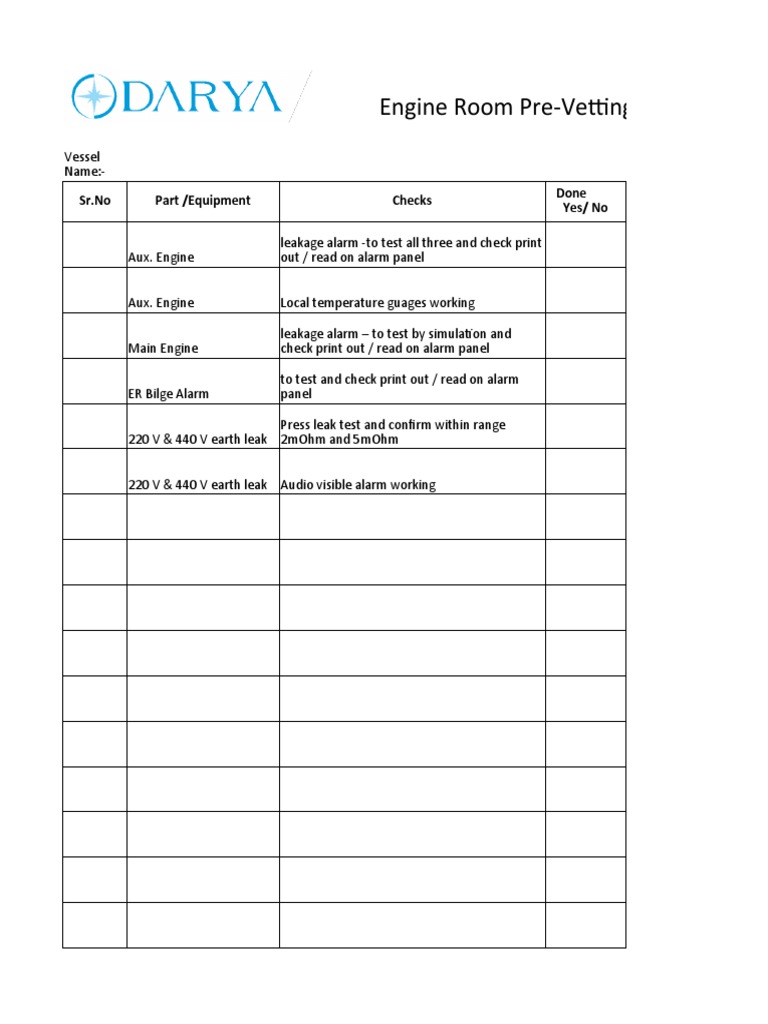 Engine Room Pre-Vetting: SR - No Part /equipment Checks Done Yes/ No | PDF