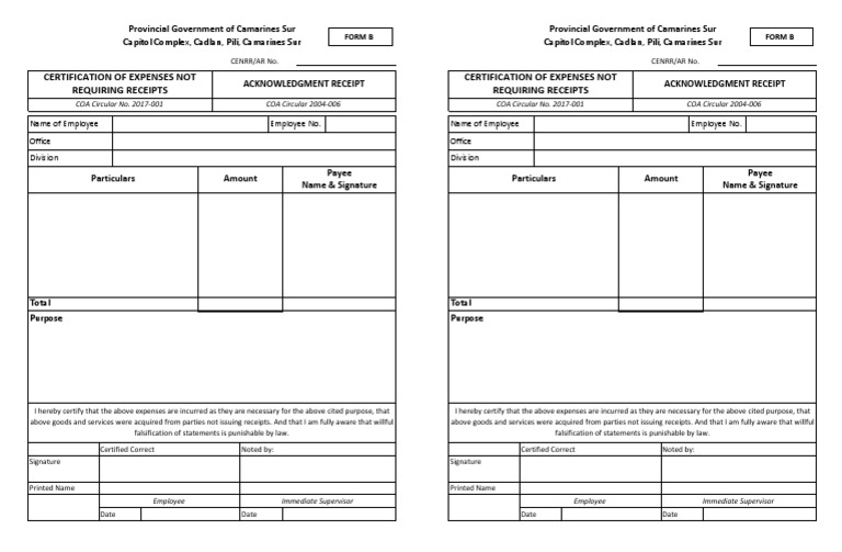 Form B - Certification of Expenses Not Requiring Receipts and ...