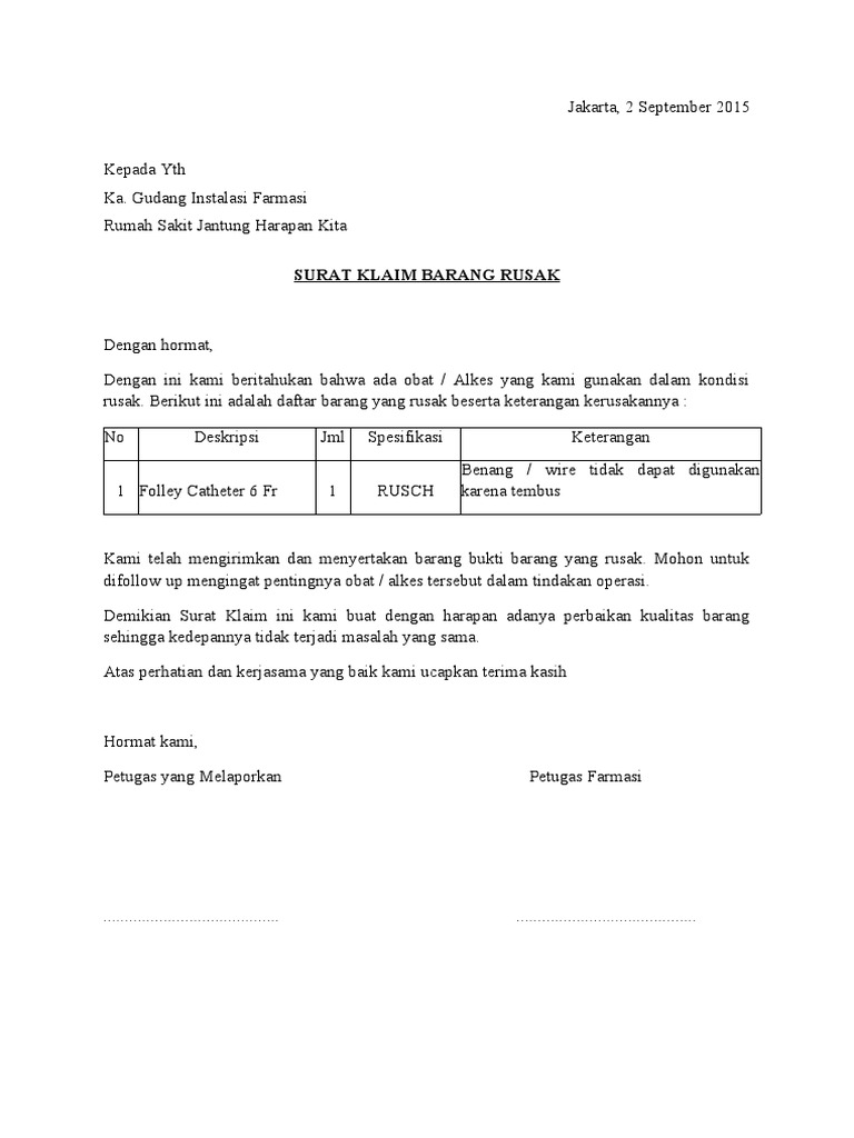 Surat Klaim Barang Rusak | PDF